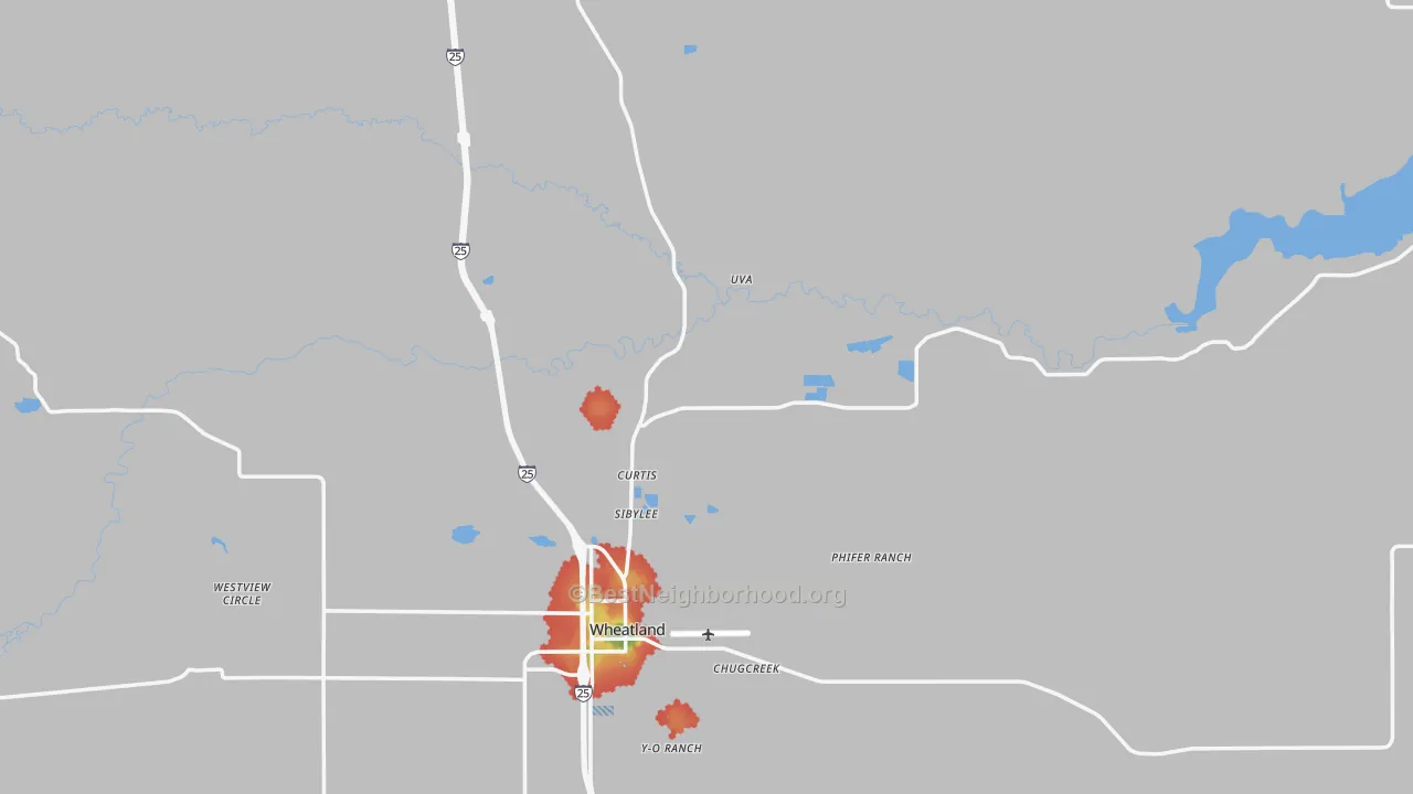 Walk Grade map of Platte County, WY, walkable areas in green and car-dependent areas in red
