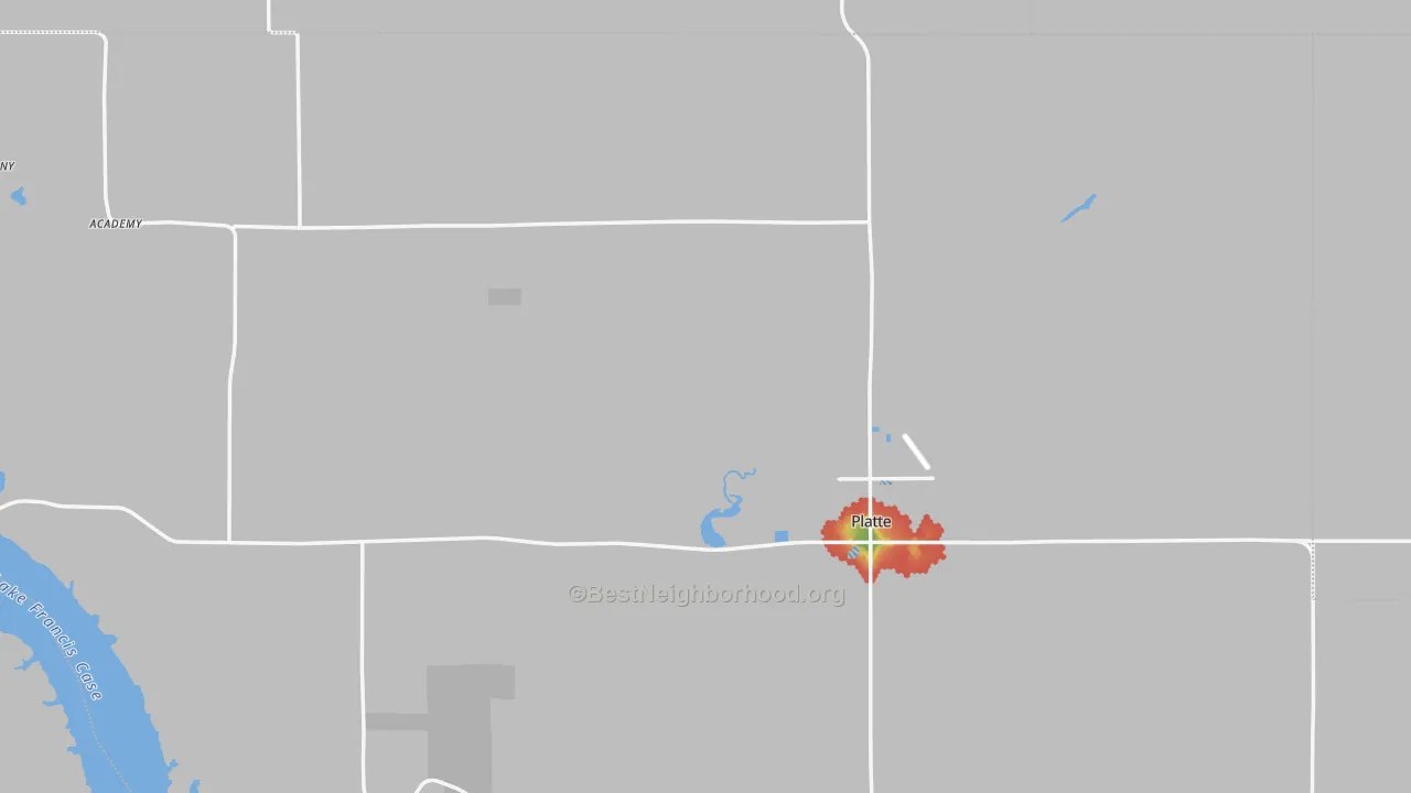 Walk Grade map of Platte, SD, walkable areas in green and car-dependent areas in red
