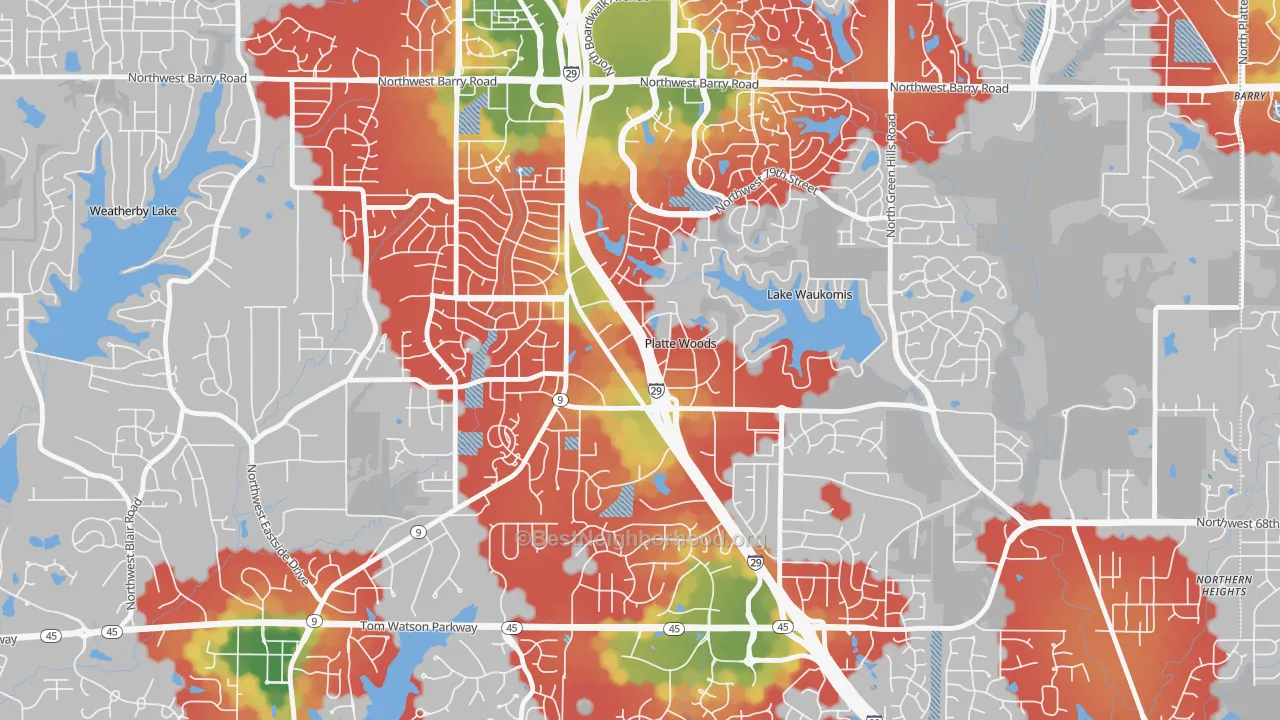 Walk Grade map of Platte Woods, MO, walkable areas in green and car-dependent areas in red