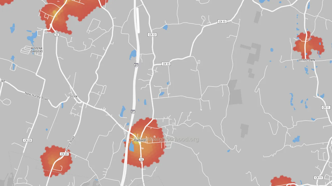 Walk Grade map of Plattekill, NY, walkable areas in green and car-dependent areas in red