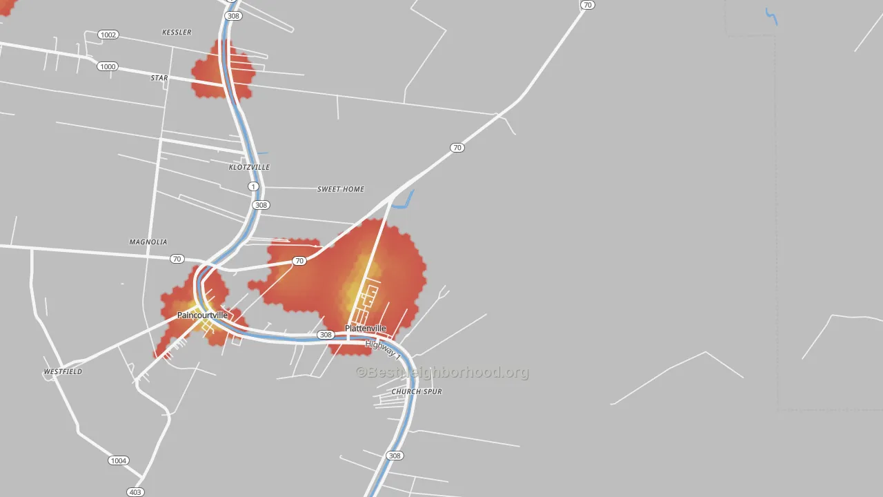 Walk Grade map of Plattenville, LA, walkable areas in green and car-dependent areas in red