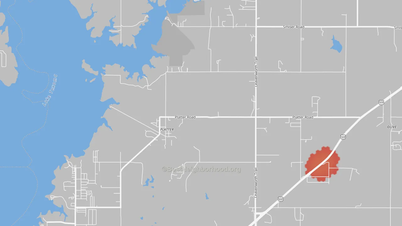 Walk Grade map of Platter, OK, walkable areas in green and car-dependent areas in red