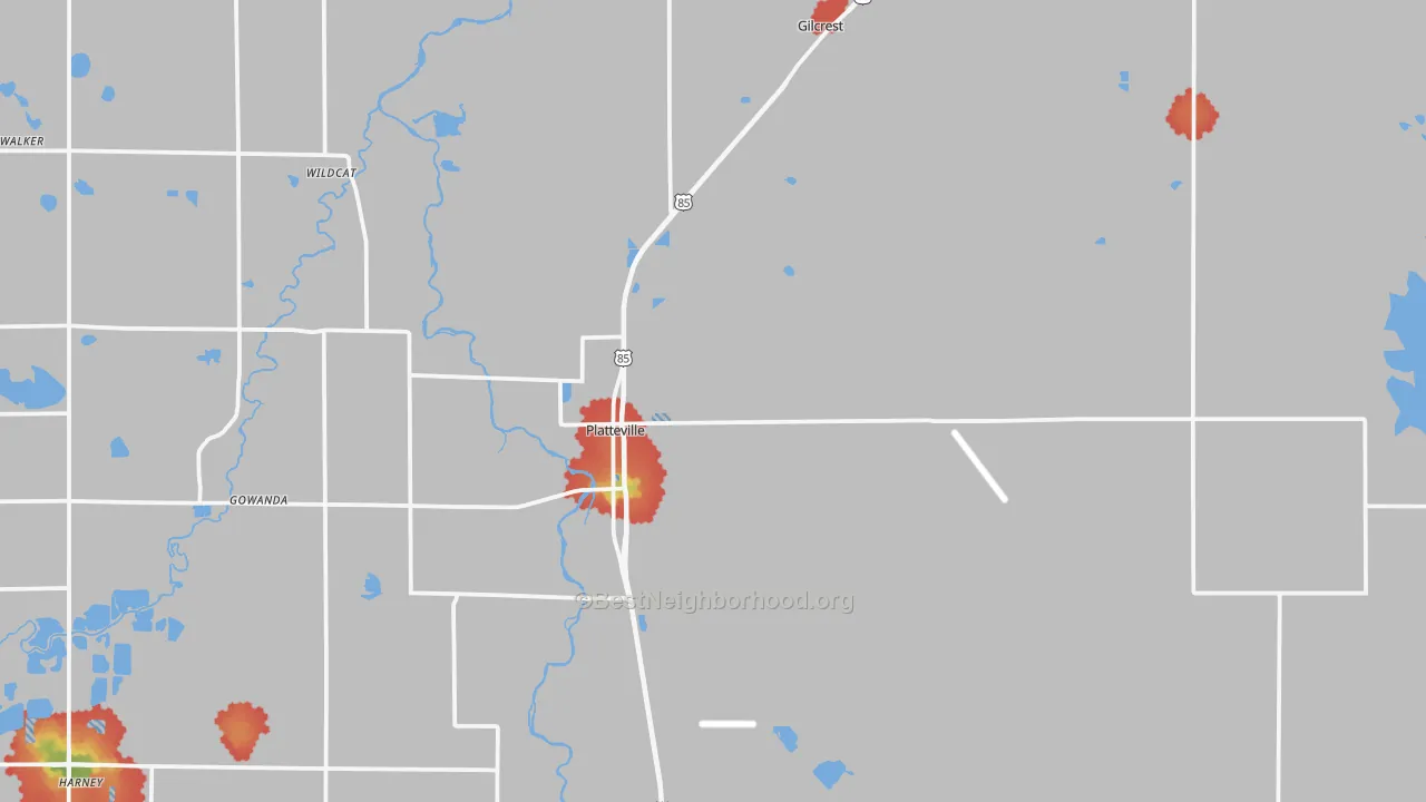Walk Grade map of Platteville, CO, walkable areas in green and car-dependent areas in red