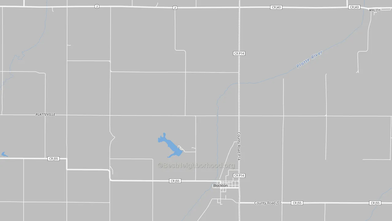 Walk Grade map of Platteville, IA, walkable areas in green and car-dependent areas in red