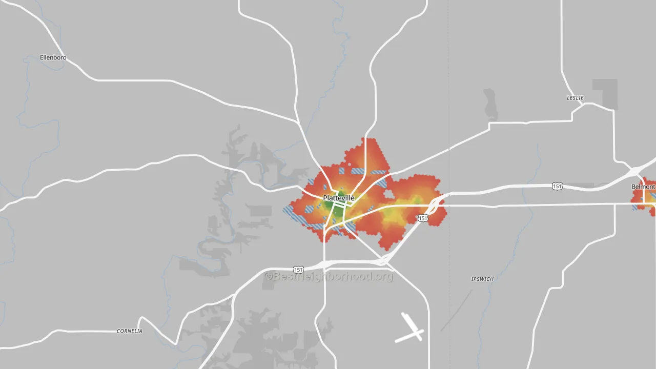 Walk Grade map of Platteville, WI, walkable areas in green and car-dependent areas in red