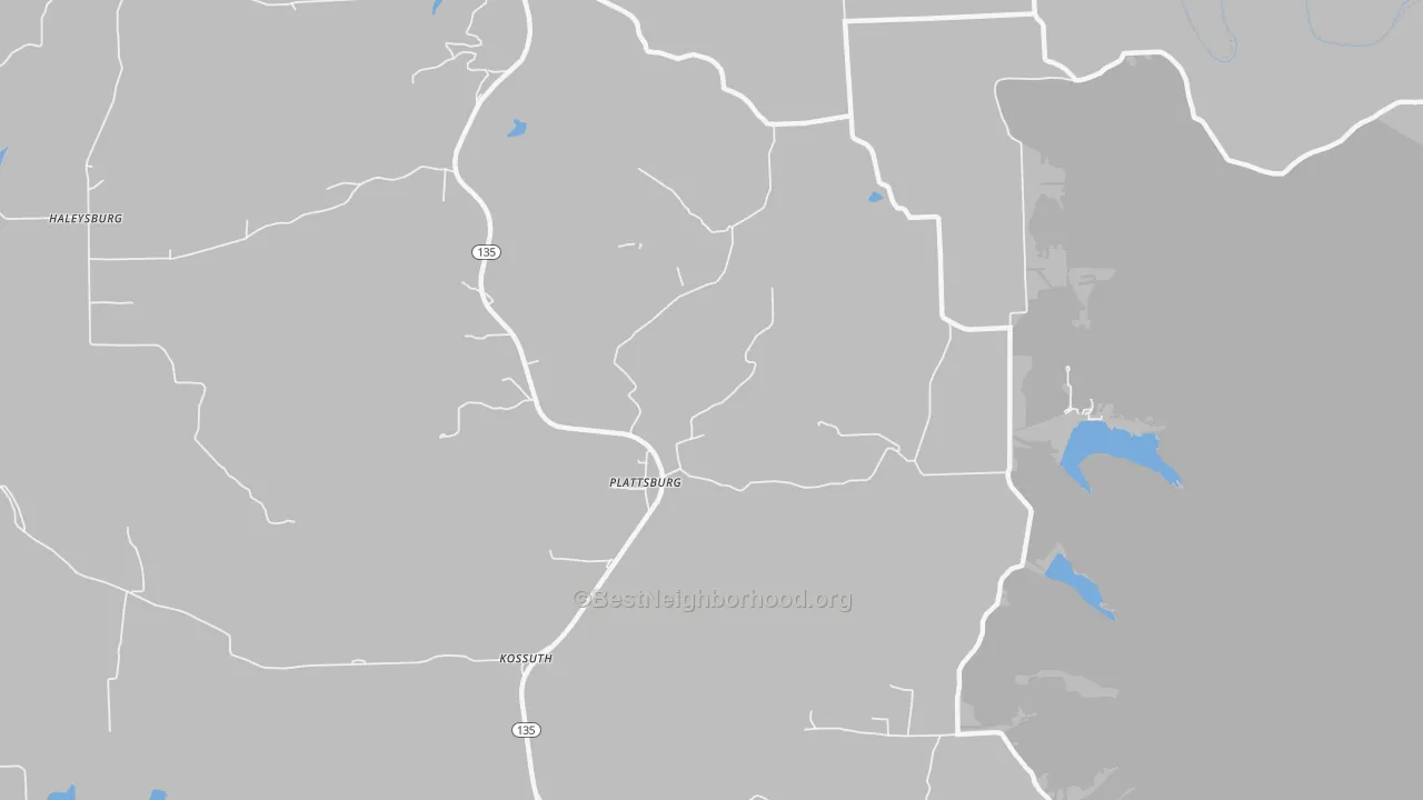 Walk Grade map of Plattsburg, IN, walkable areas in green and car-dependent areas in red