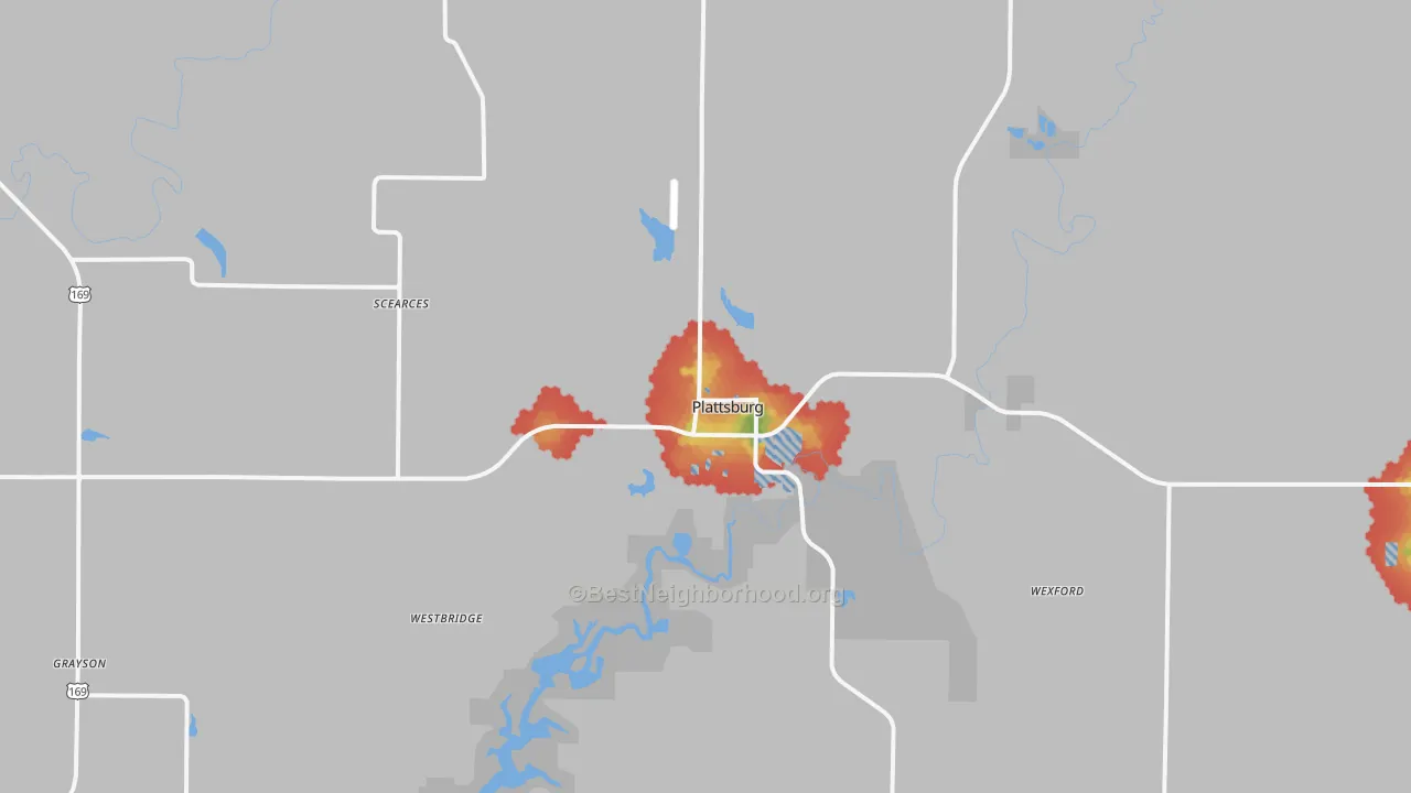 Walk Grade map of Plattsburg, MO, walkable areas in green and car-dependent areas in red