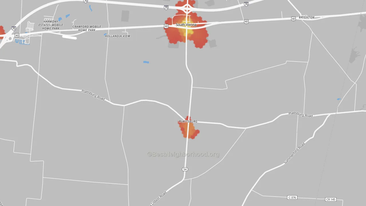Walk Grade map of Plattsburg, OH, walkable areas in green and car-dependent areas in red