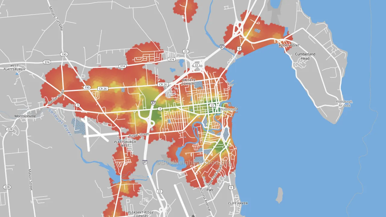 Walk Grade map of Plattsburgh, NY, walkable areas in green and car-dependent areas in red