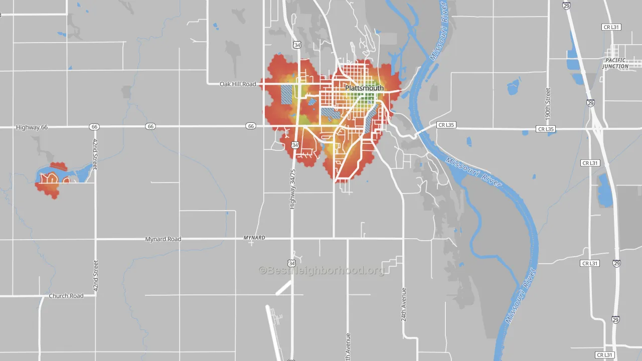 Walk Grade map of Plattsmouth, NE, walkable areas in green and car-dependent areas in red