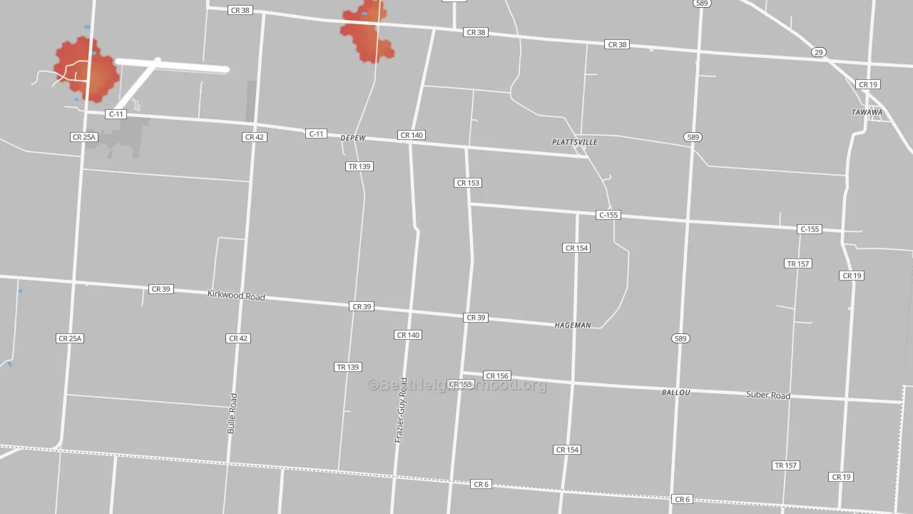 Walk Grade map of Plattsville, OH, walkable areas in green and car-dependent areas in red