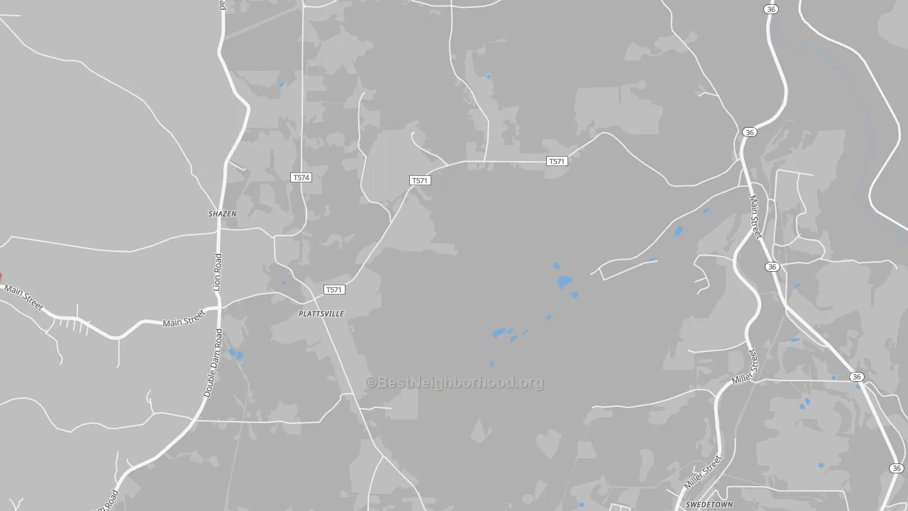 Walk Grade map of Plattsville, PA, walkable areas in green and car-dependent areas in red