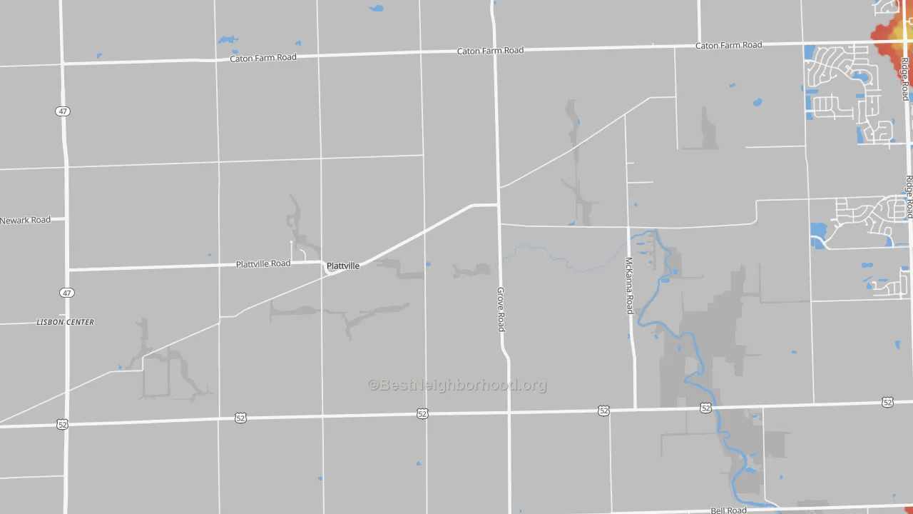 Walk Grade map of Plattville, IL, walkable areas in green and car-dependent areas in red