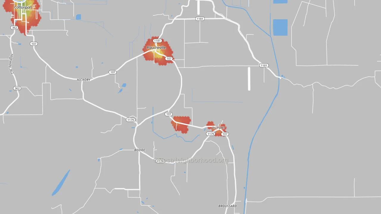 Walk Grade map of Plaucheville, LA, walkable areas in green and car-dependent areas in red