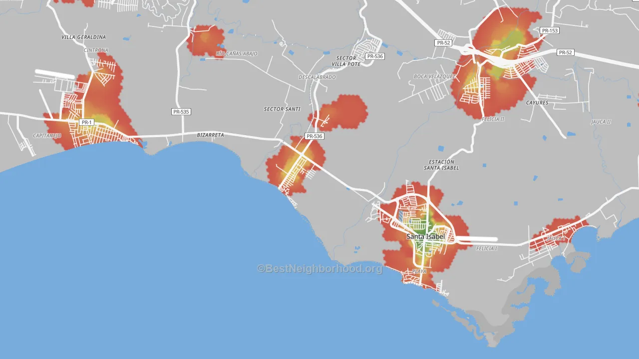 Walk Grade map of Playa Cortada, PR, walkable areas in green and car-dependent areas in red