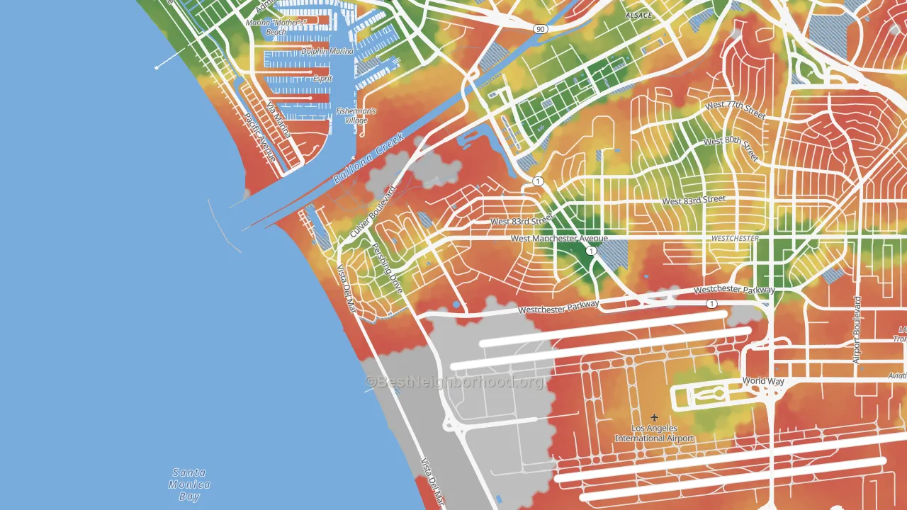 Walk Grade map of Playa del Ray, Playa Del Rey, CA, walkable areas in green and car-dependent areas in red