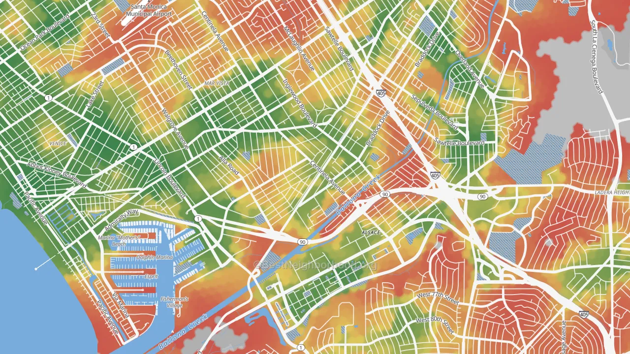 Walk Grade map of Playa Vista, Los Angeles, CA, walkable areas in green and car-dependent areas in red