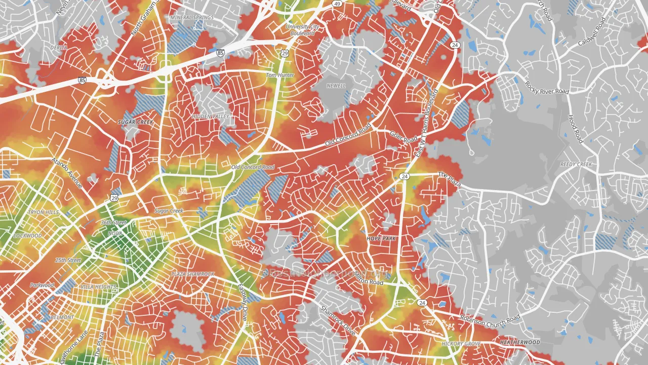 Walk Grade map of Plaza-Eastway, Charlotte, NC, walkable areas in green and car-dependent areas in red