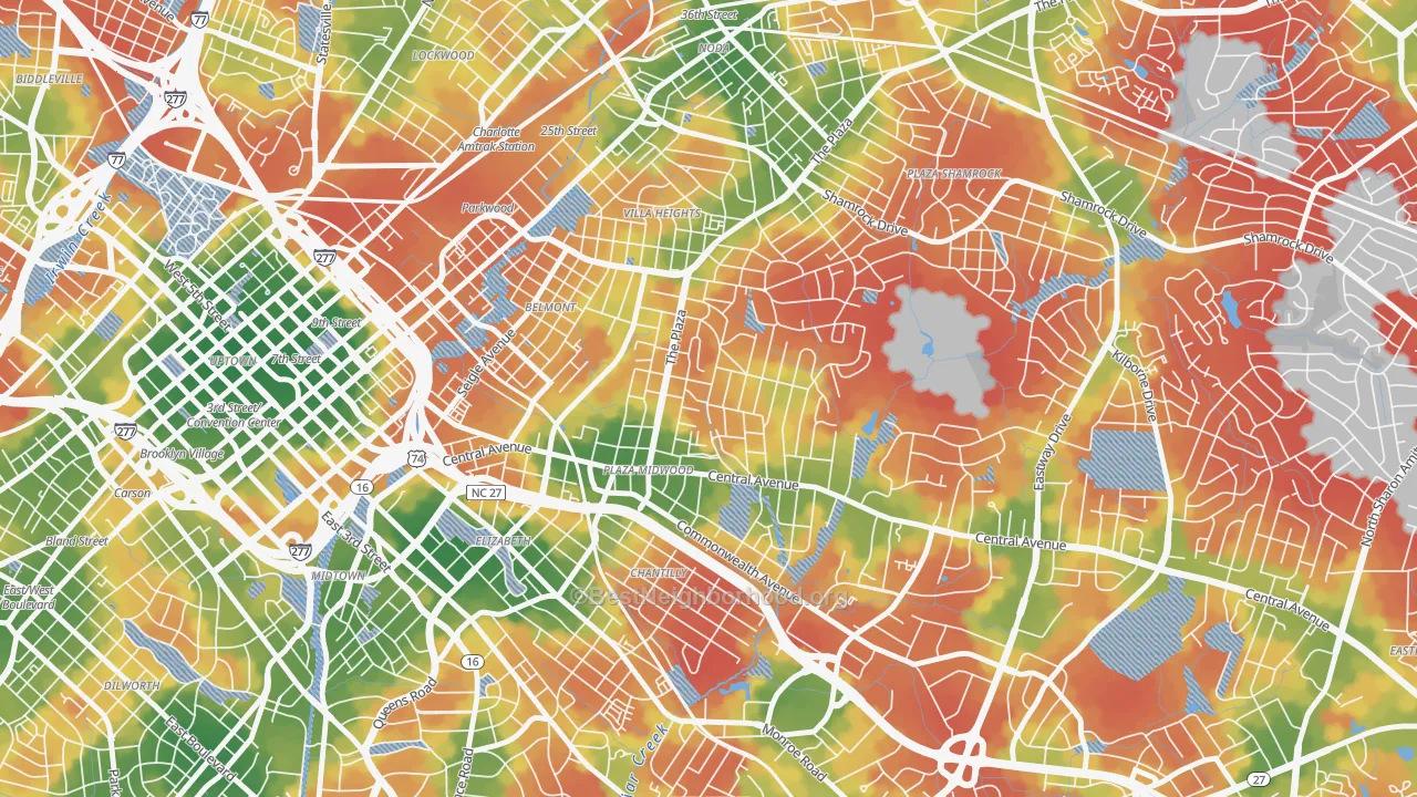 Walk Grade map of Plaza Midwood, Charlotte, NC, walkable areas in green and car-dependent areas in red