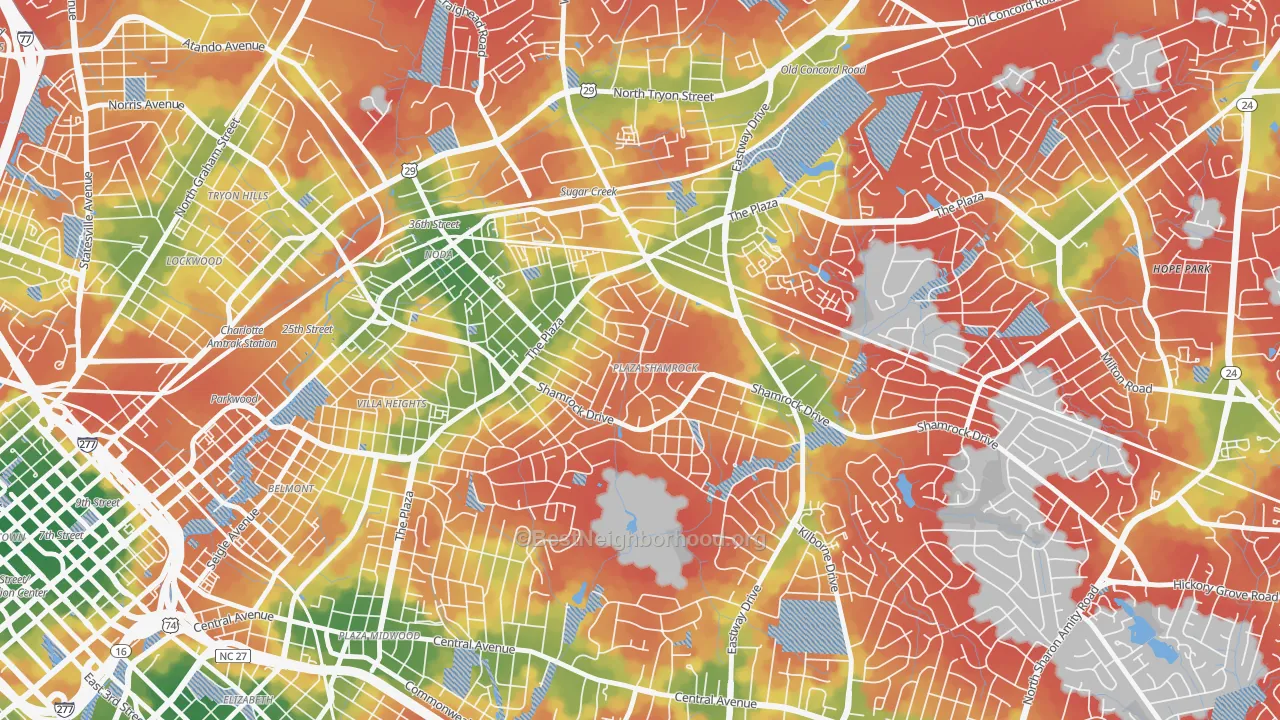 Walk Grade map of Plaza-Shamrock, Charlotte, NC, walkable areas in green and car-dependent areas in red