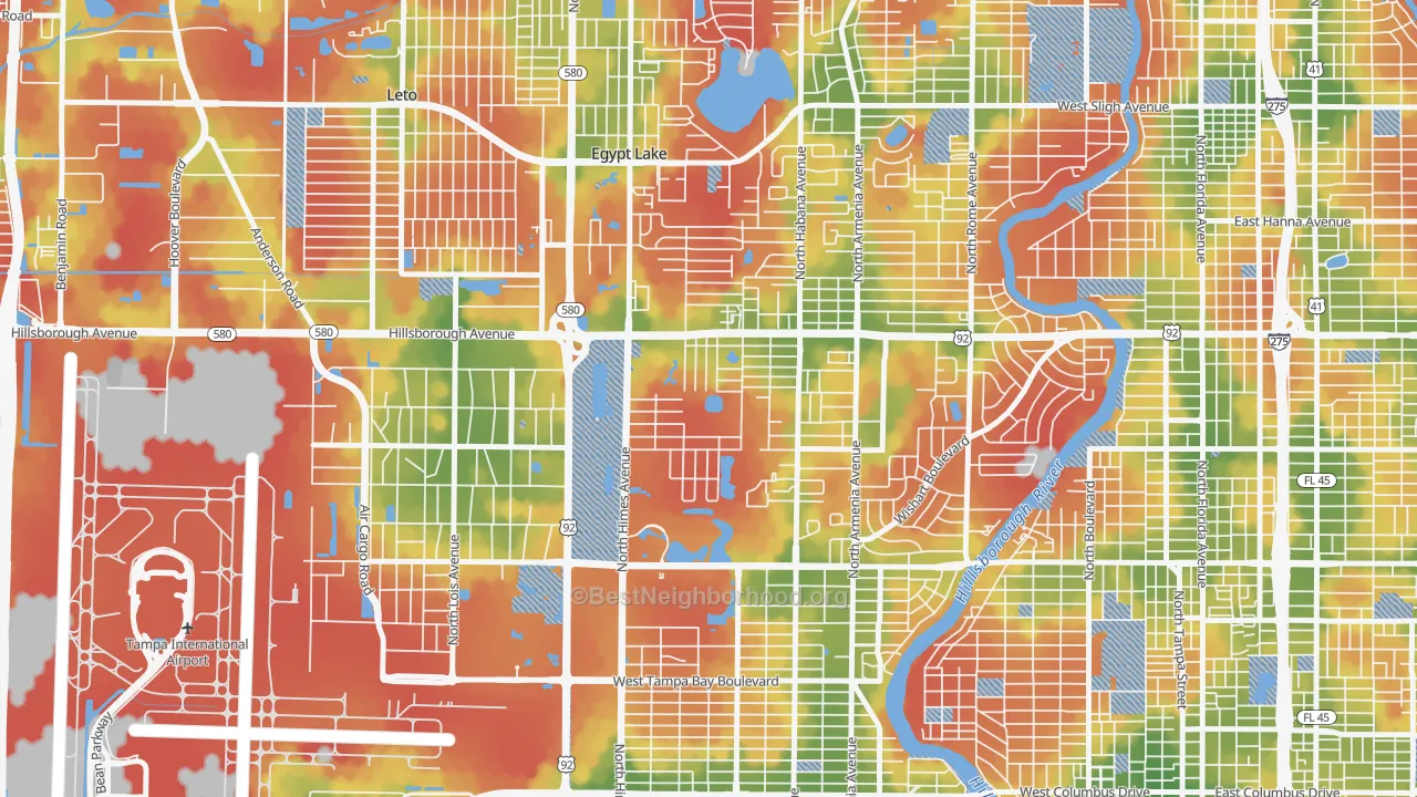 Walk Grade map of Plaza Terrace, Tampa, FL, walkable areas in green and car-dependent areas in red