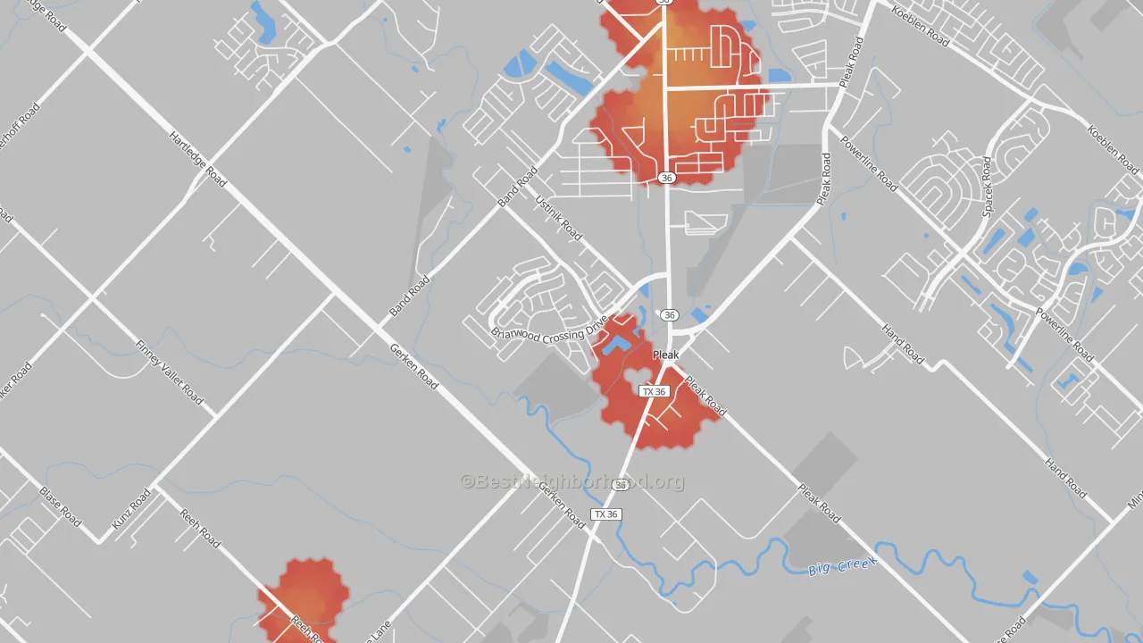 Walk Grade map of Pleak, TX, walkable areas in green and car-dependent areas in red