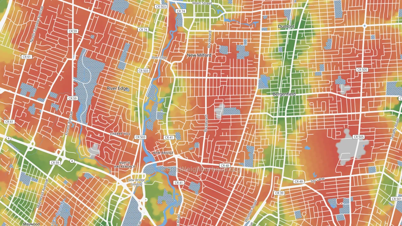 Walk Grade map of Pleasant Acres, New Milford, NJ, walkable areas in green and car-dependent areas in red