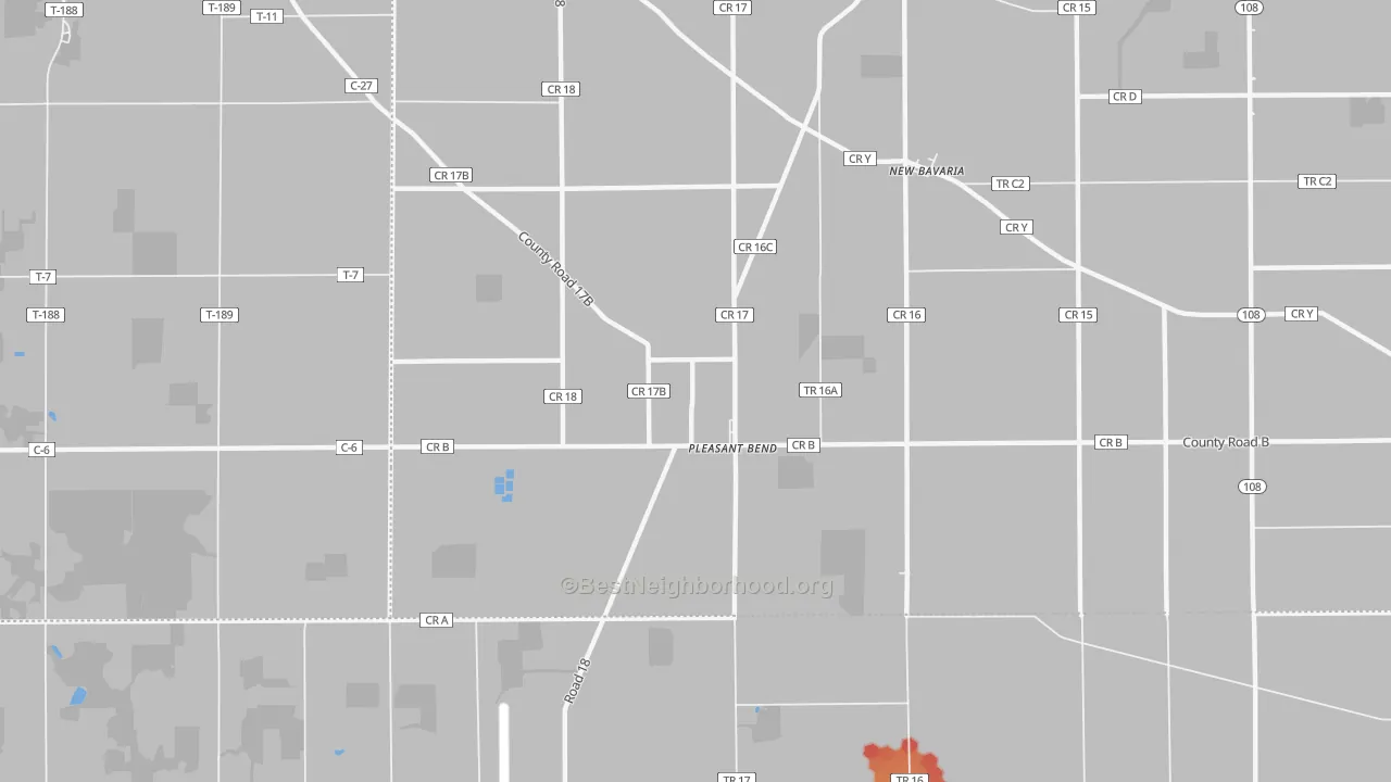 Walk Grade map of Pleasant Bend, OH, walkable areas in green and car-dependent areas in red