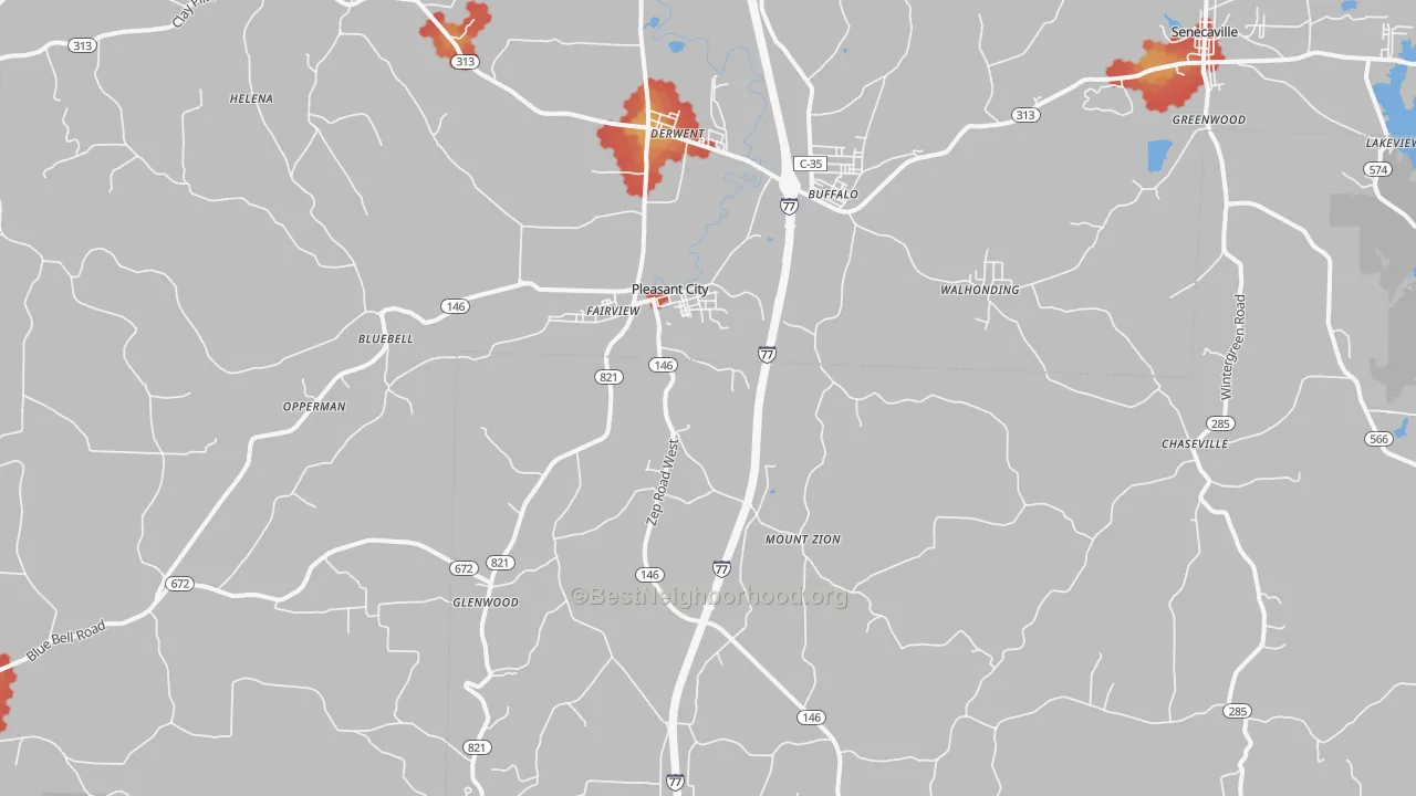 Walk Grade map of Pleasant City, OH, walkable areas in green and car-dependent areas in red