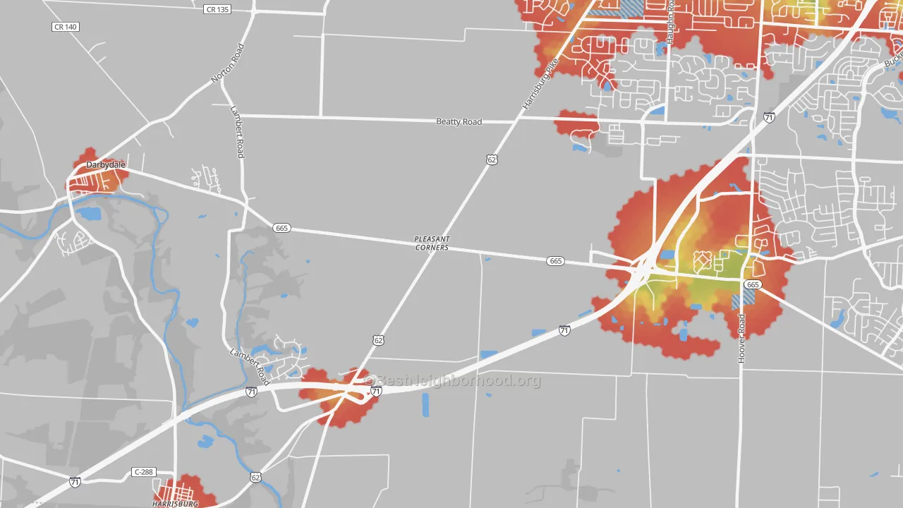 Walk Grade map of Pleasant Corners, OH, walkable areas in green and car-dependent areas in red
