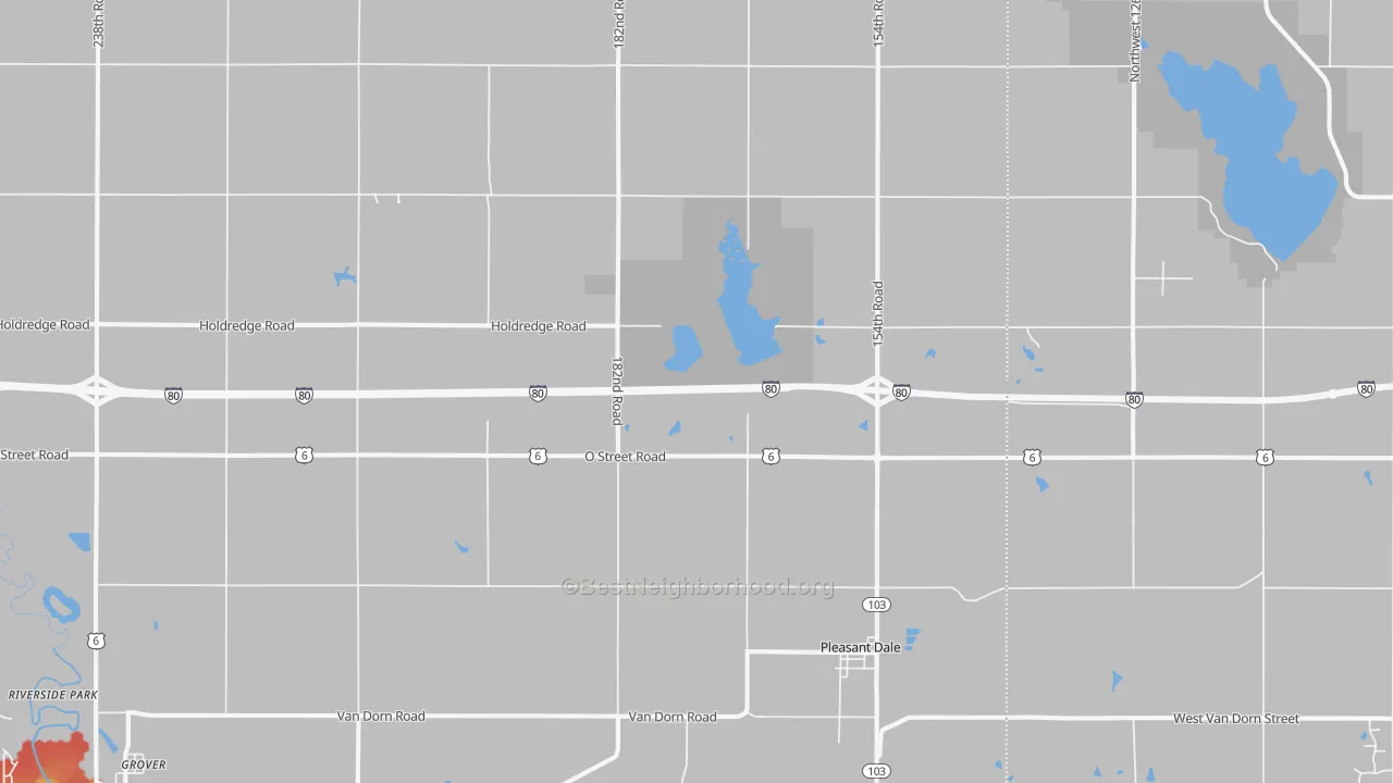 Walk Grade map of Pleasant Dale, NE, walkable areas in green and car-dependent areas in red