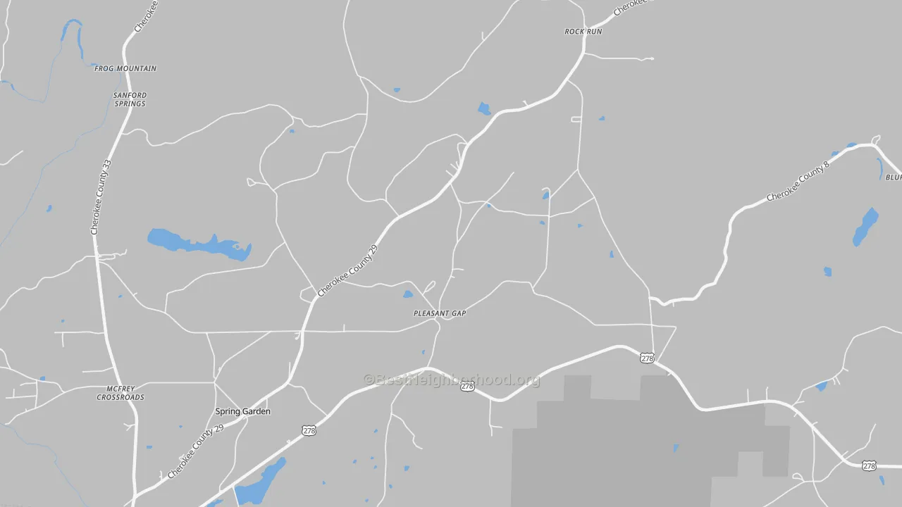 Walk Grade map of Pleasant Gap, AL, walkable areas in green and car-dependent areas in red
