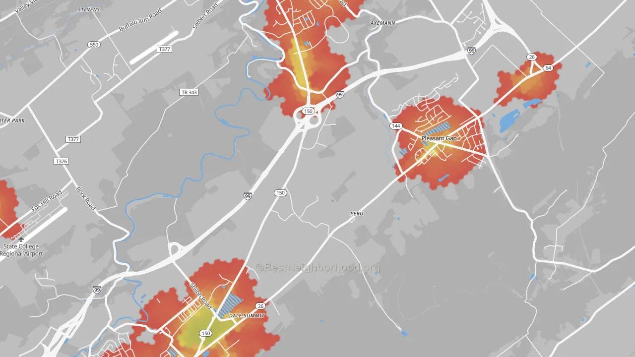 Walk Grade map of Pleasant Gap, PA, walkable areas in green and car-dependent areas in red