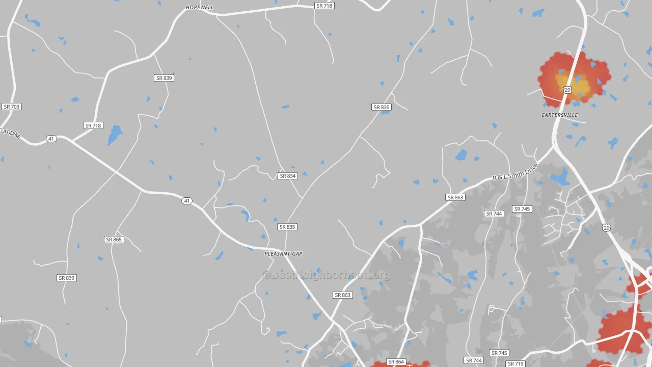 Walk Grade map of Pleasant Gap, VA, walkable areas in green and car-dependent areas in red