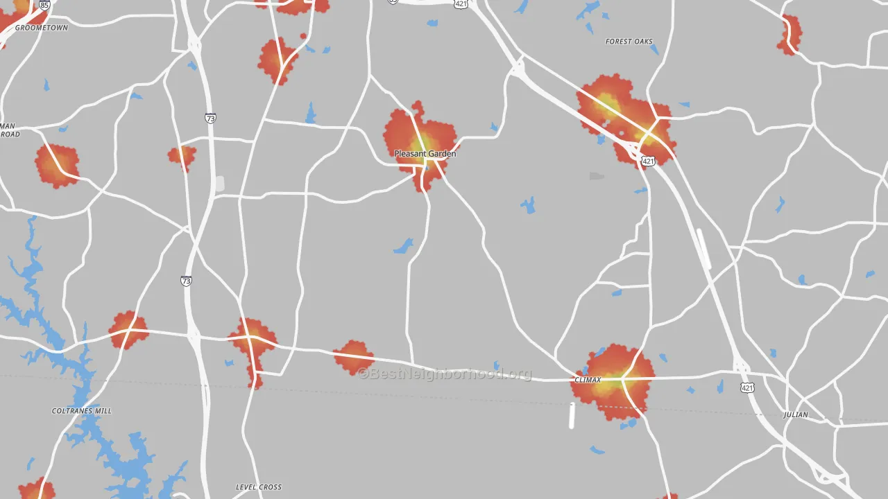 Walk Grade map of Pleasant Garden, NC, walkable areas in green and car-dependent areas in red