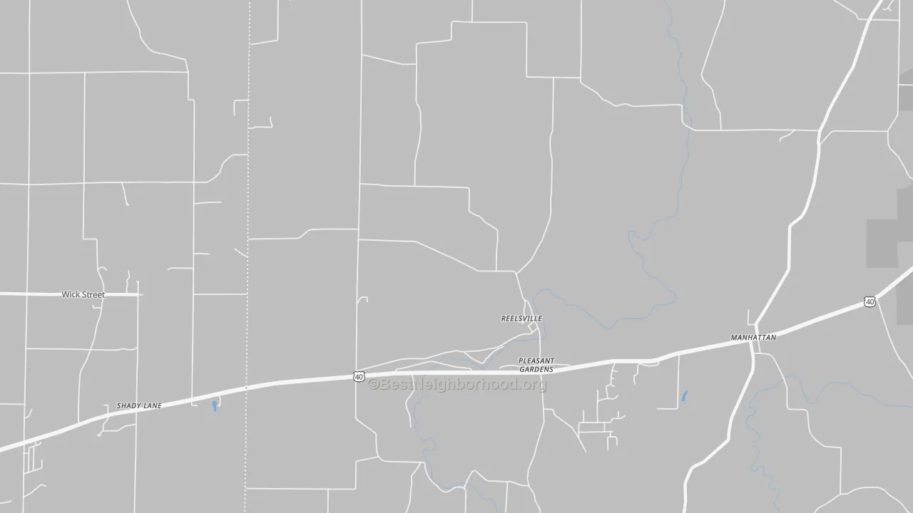 Walk Grade map of Pleasant Gardens, IN, walkable areas in green and car-dependent areas in red