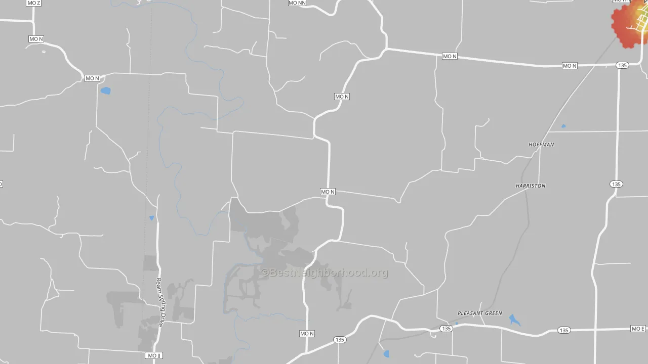 Walk Grade map of Pleasant Green, MO, walkable areas in green and car-dependent areas in red