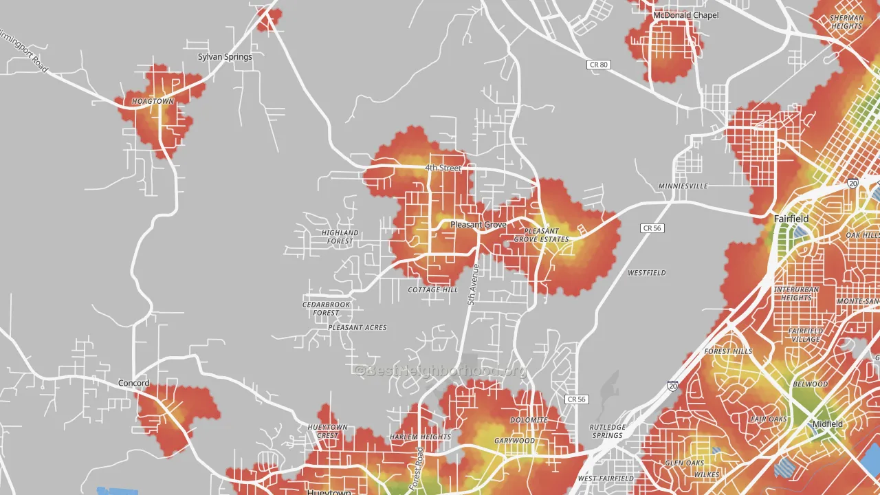 Walk Grade map of Pleasant Grove, AL, walkable areas in green and car-dependent areas in red