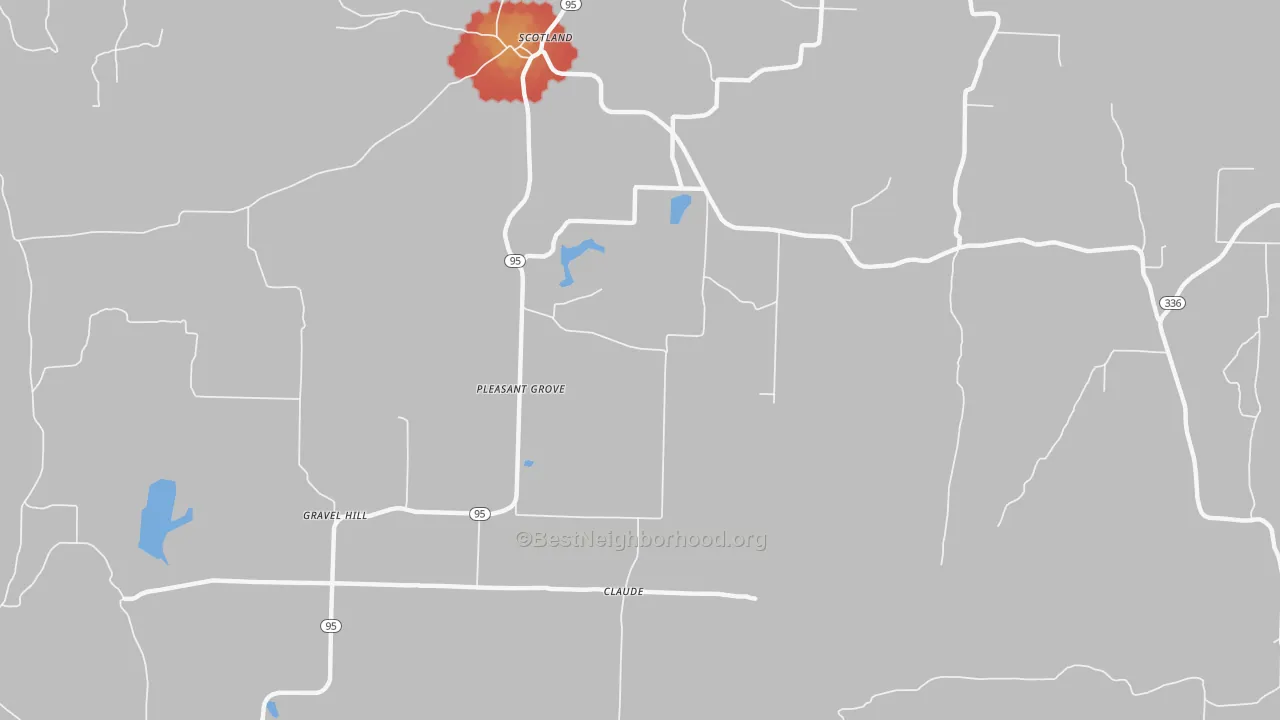 Walk Grade map of Pleasant Grove, AR, walkable areas in green and car-dependent areas in red