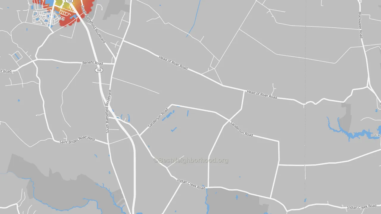 Walk Grade map of Pleasant Grove East, Chesapeake, VA, walkable areas in green and car-dependent areas in red