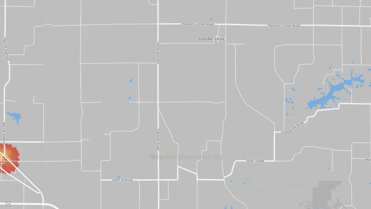 Walk Grade map of Pleasant Grove, IA, walkable areas in green and car-dependent areas in red