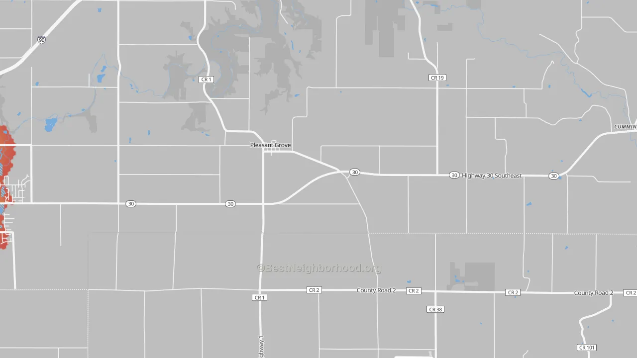 Walk Grade map of Pleasant Grove, MN, walkable areas in green and car-dependent areas in red