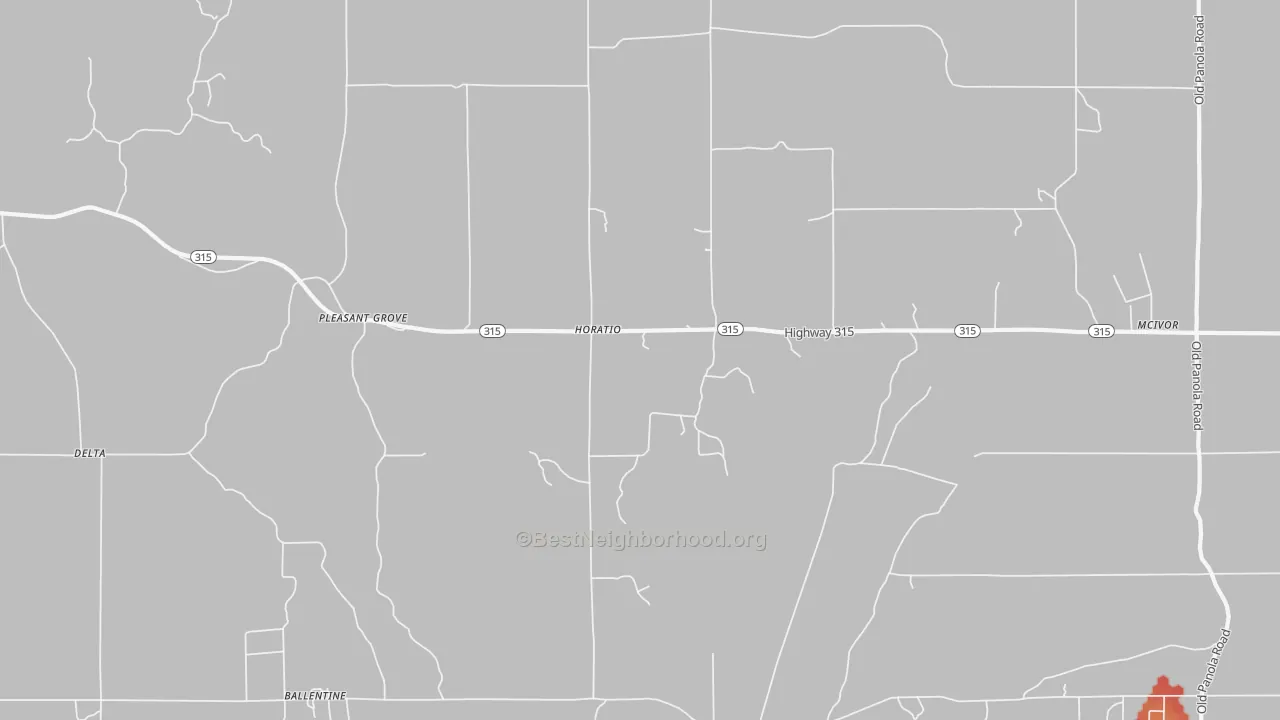 Walk Grade map of Pleasant Grove, MS, walkable areas in green and car-dependent areas in red