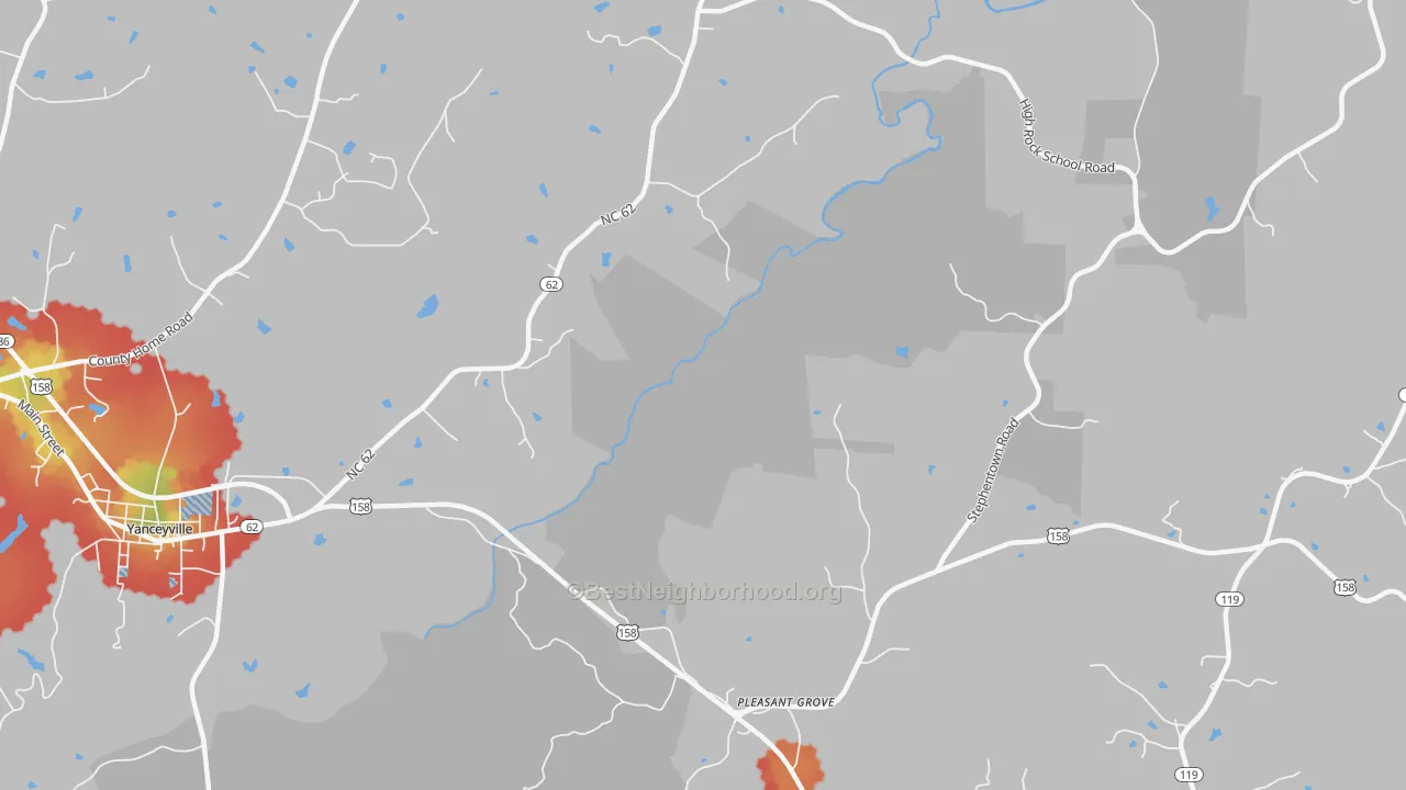 Walk Grade map of Pleasant Grove, NC, walkable areas in green and car-dependent areas in red