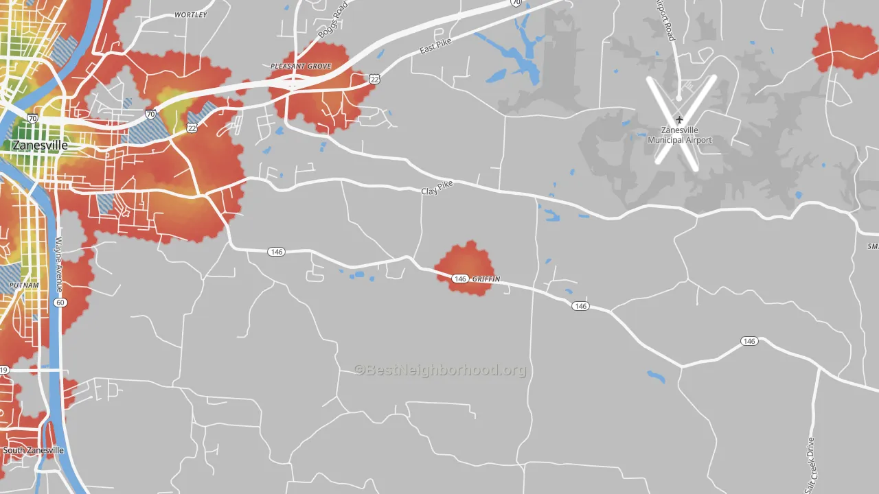 Walk Grade map of Pleasant Grove, OH, walkable areas in green and car-dependent areas in red