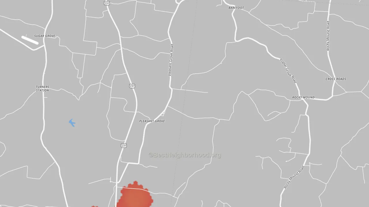Walk Grade map of Pleasant Grove, TN, walkable areas in green and car-dependent areas in red