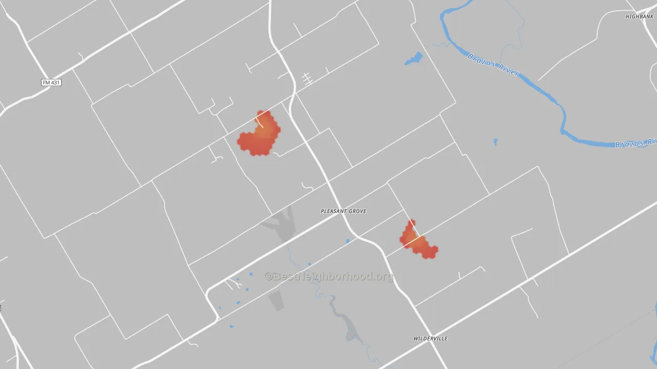 Walk Grade map of Pleasant Grove, TX, walkable areas in green and car-dependent areas in red