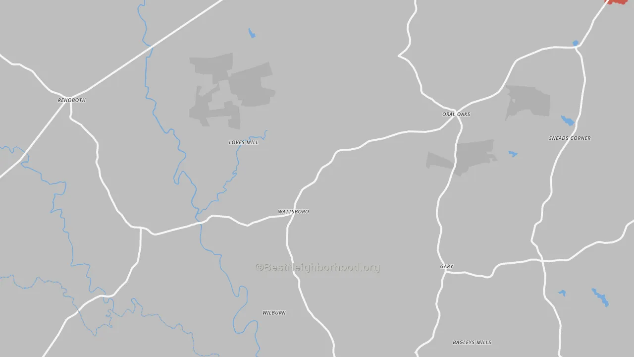 Walk Grade map of Pleasant Grove, VA, walkable areas in green and car-dependent areas in red