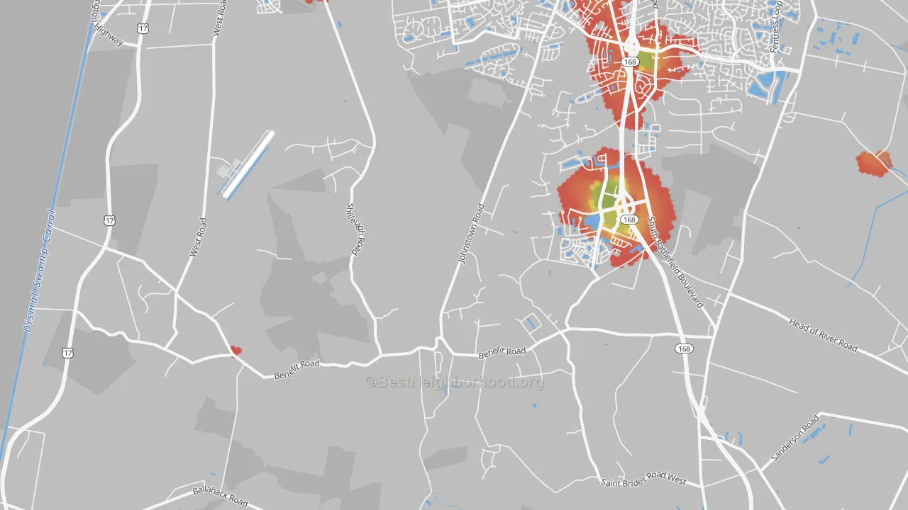 Walk Grade map of Pleasant Grove West, Chesapeake, VA, walkable areas in green and car-dependent areas in red