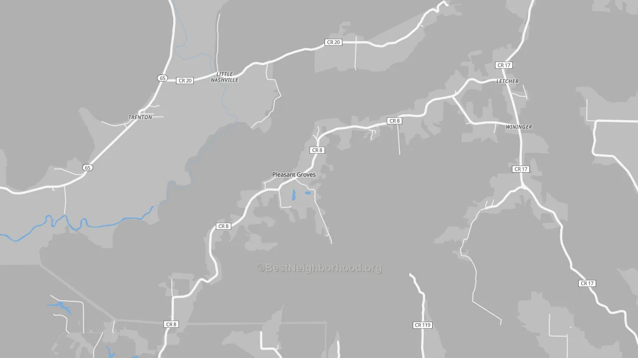 Walk Grade map of Pleasant Groves, AL, walkable areas in green and car-dependent areas in red